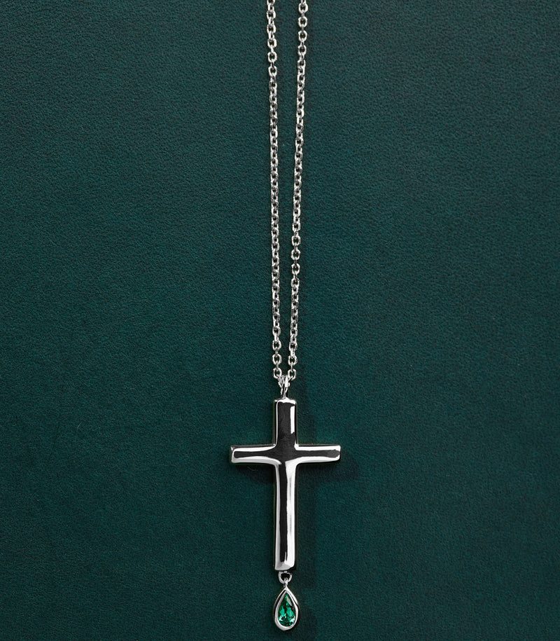 Cross Pendant - Jesus Wept - Sterling Silver with Emerald - Medium