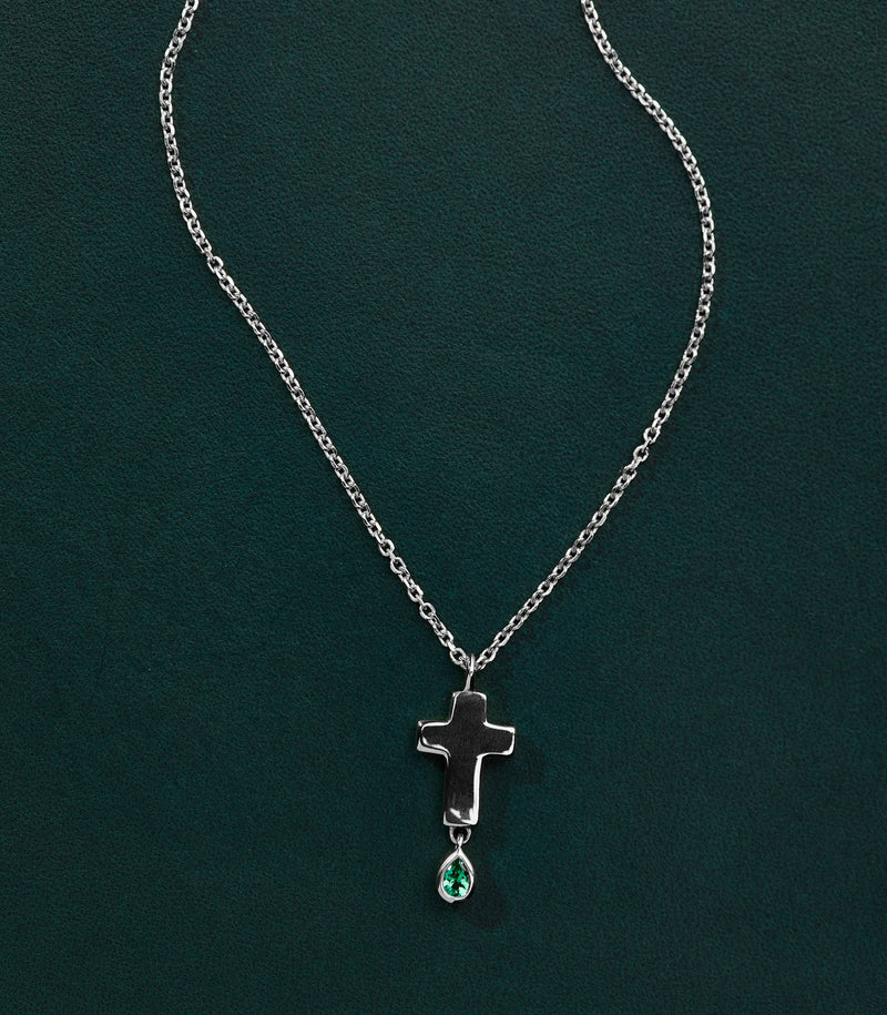 Cross Pendant - Jesus Wept - Sterling Silver with Emerald - Small