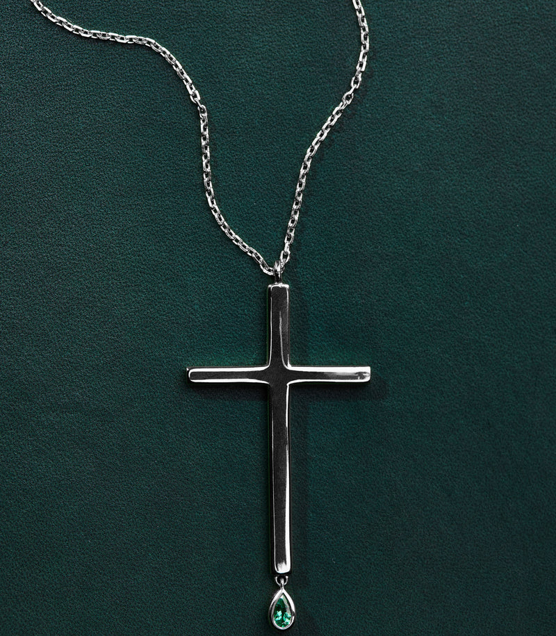 Cross Pendant - Jesus Wept - Sterling Silver with Emerald - Large