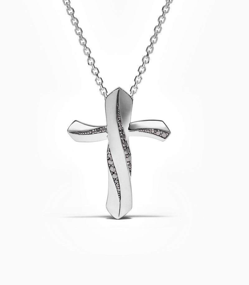 Cross Pendant - Twisted Path - Sterling Silver with Diamonds
