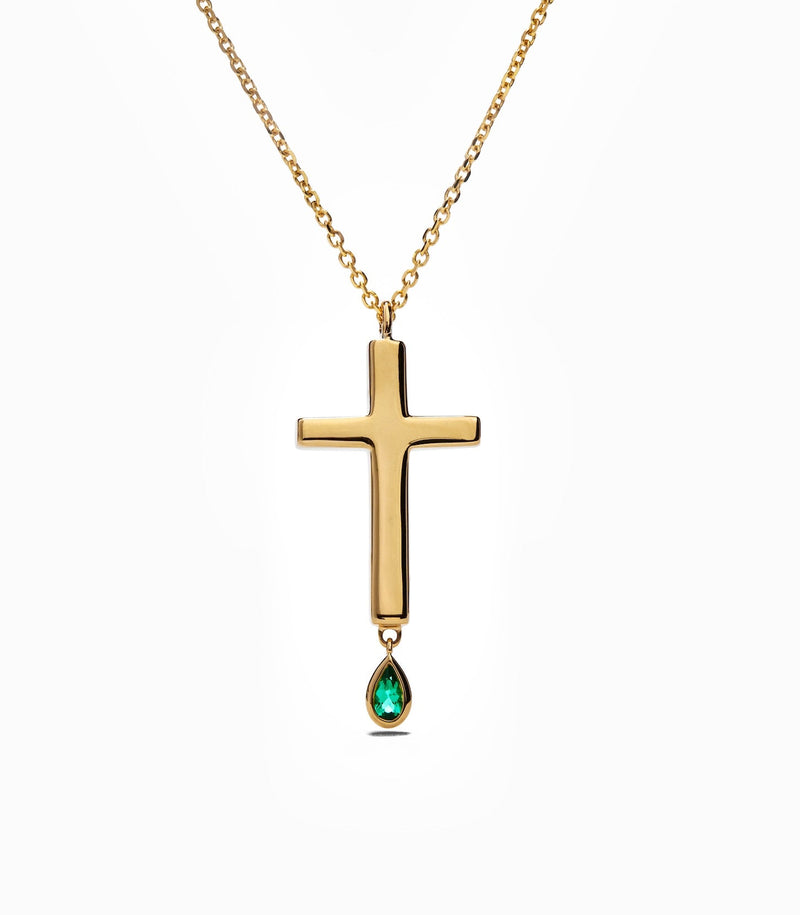 Cross Pendant - Jesus Wept - Gold with Emerald - Medium