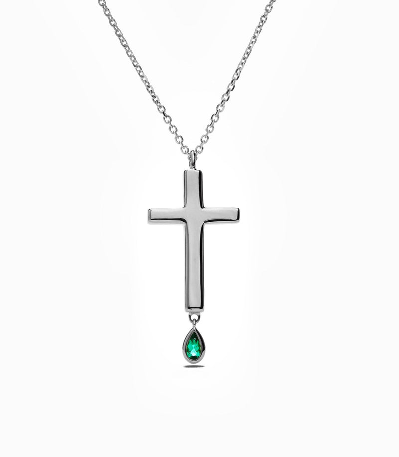 Cross Pendant - Jesus Wept - Sterling Silver with Emerald - Medium