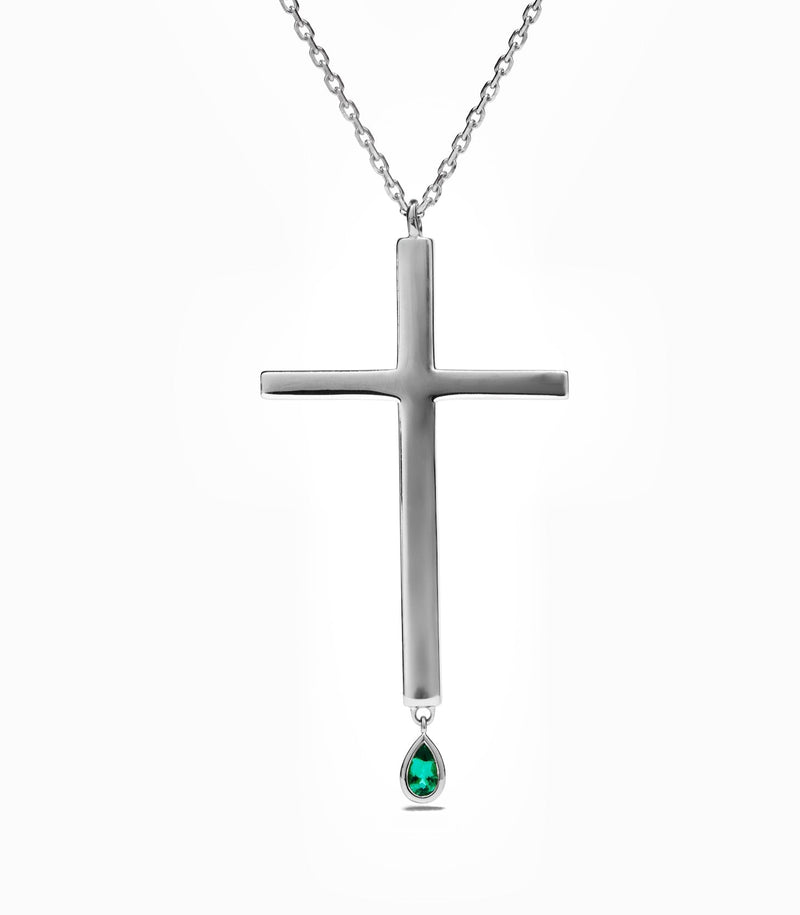 Cross Pendant - Jesus Wept - Sterling Silver with Emerald - Large