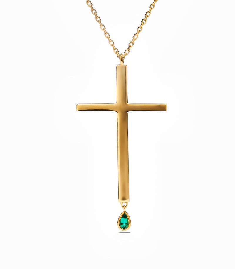 Cross Pendant - Jesus Wept - Gold with Emerald - Large