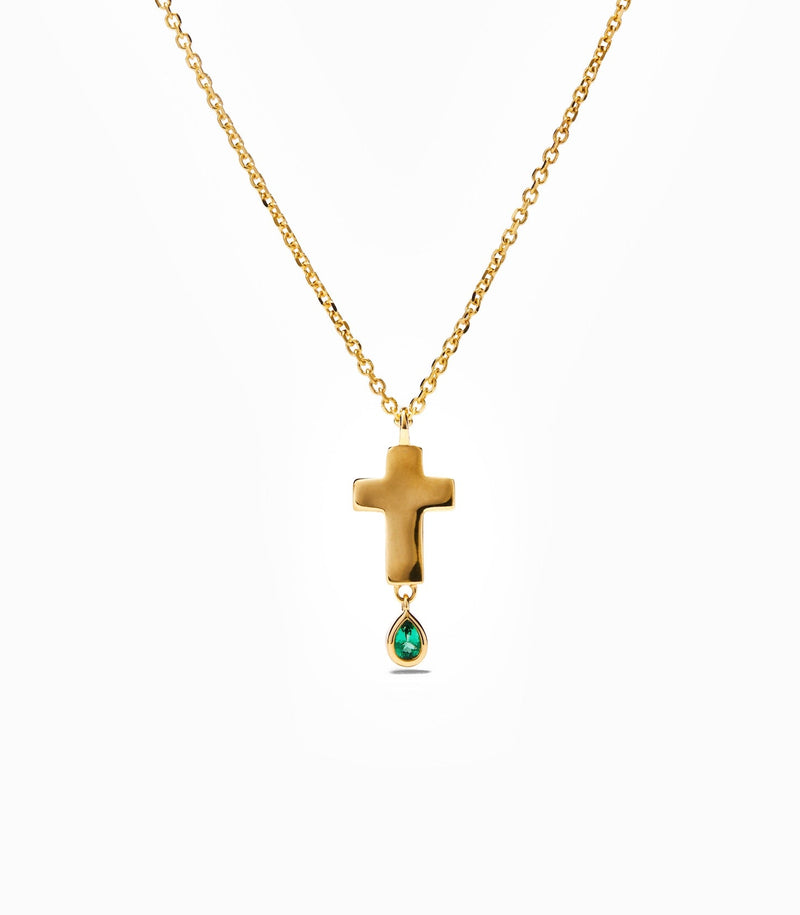 Cross Pendant - Jesus Wept - Gold with Emerald - Small