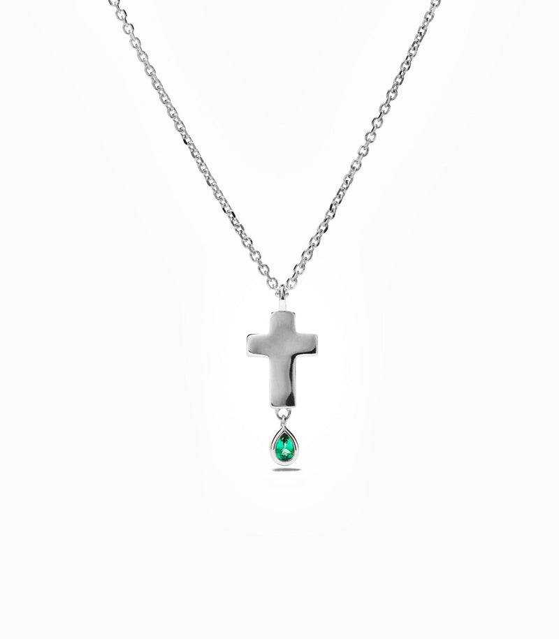 Cross Pendant - Jesus Wept - Sterling Silver with Emerald - Small
