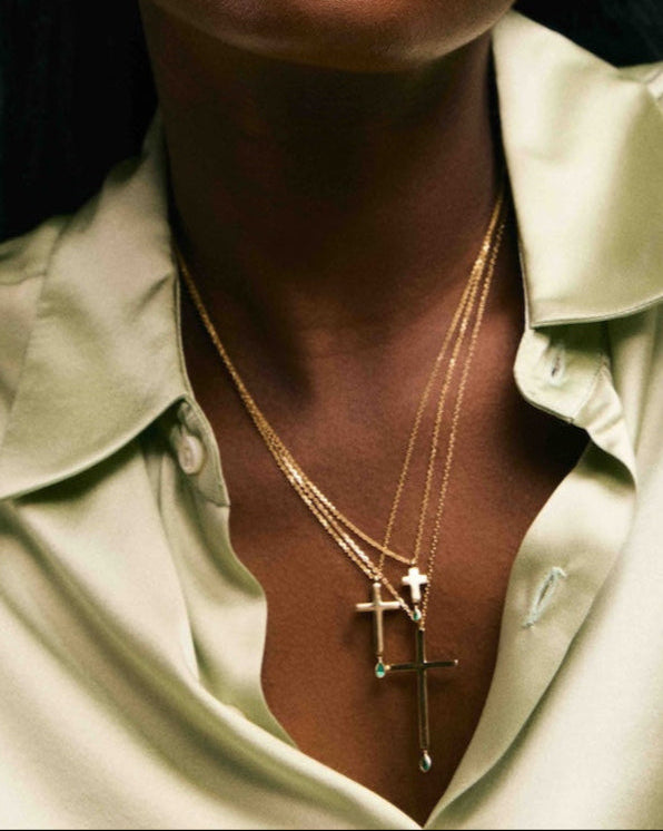 Cross Pendant - Jesus Wept - Gold with Emerald - Medium