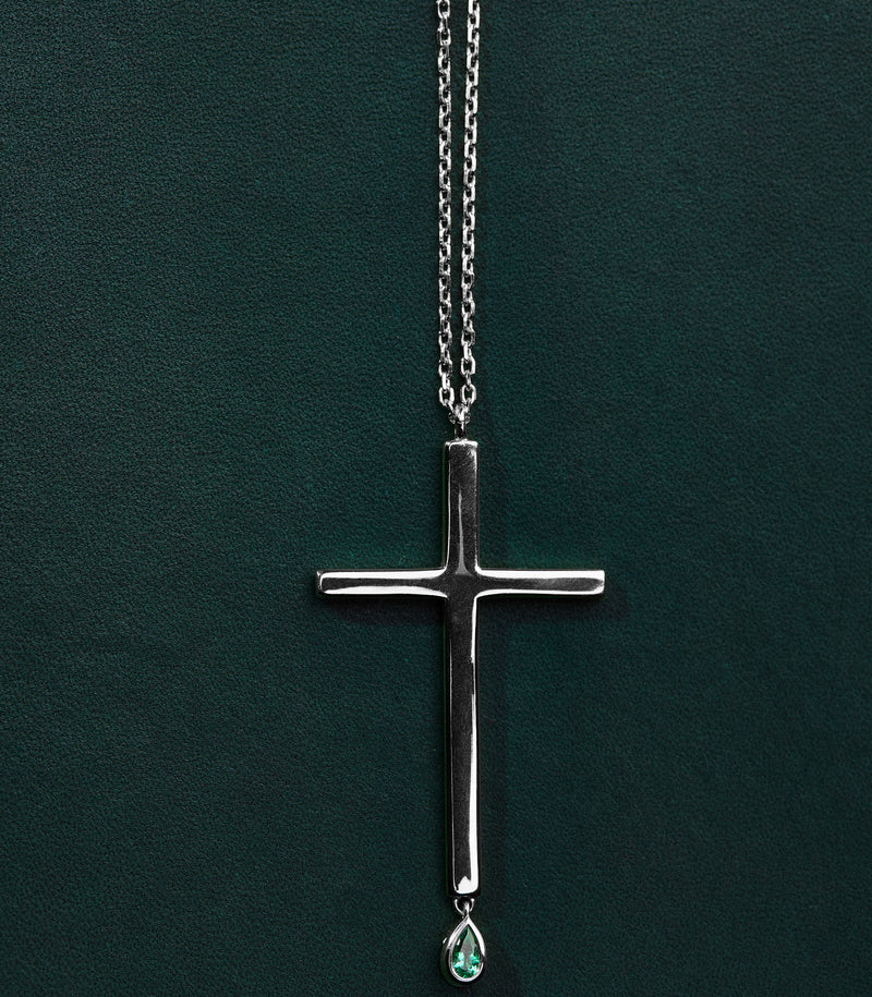 Cross Pendant - Jesus Wept - Sterling Silver with Emerald - Large