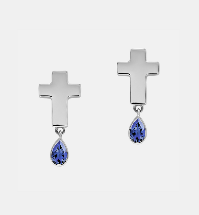 Stud Cross Earrings - Jesus Wept- Sterling Silver with Birthstone