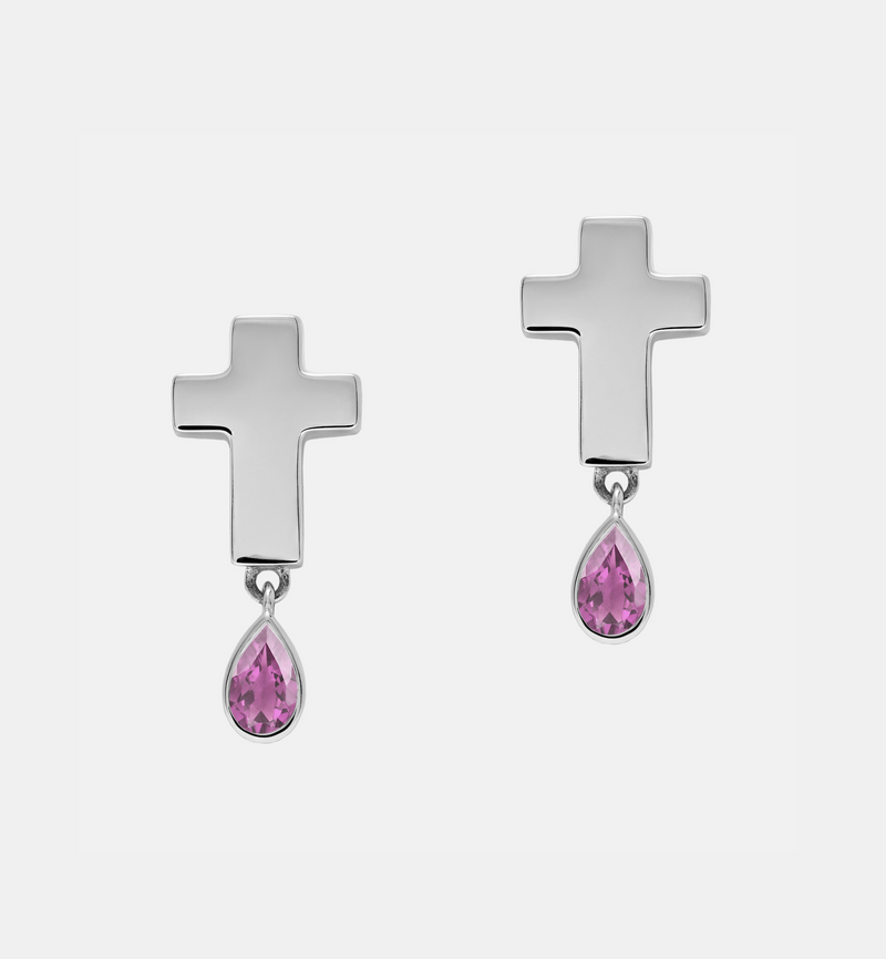 Stud Cross Earrings - Jesus Wept- Sterling Silver with Birthstone