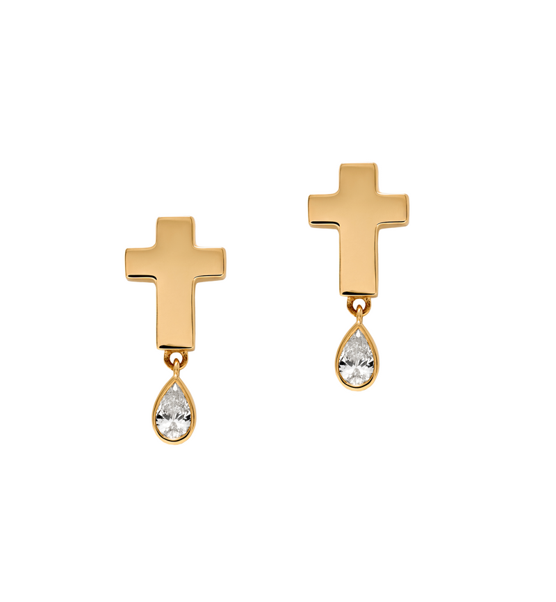 Stud Cross Earrings - Jesus Wept - Gold with Birthstone