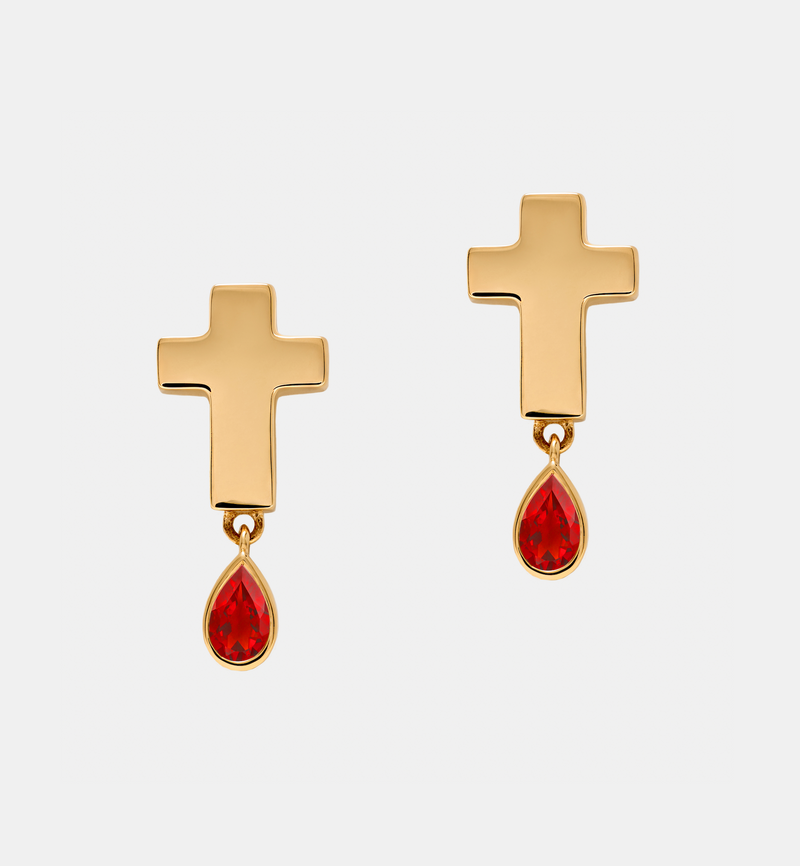 Stud Cross Earrings - Jesus Wept - Gold with Birthstone