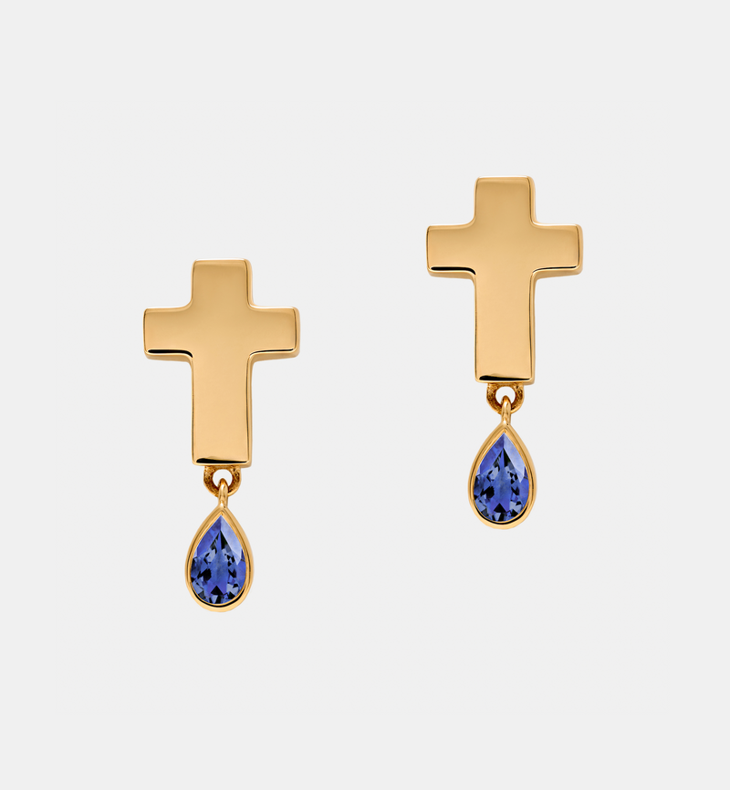 Stud Cross Earrings - Jesus Wept - Gold with Birthstone
