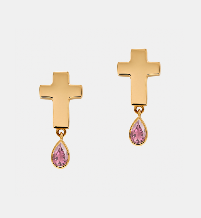 Stud Cross Earrings - Jesus Wept - Gold with Birthstone