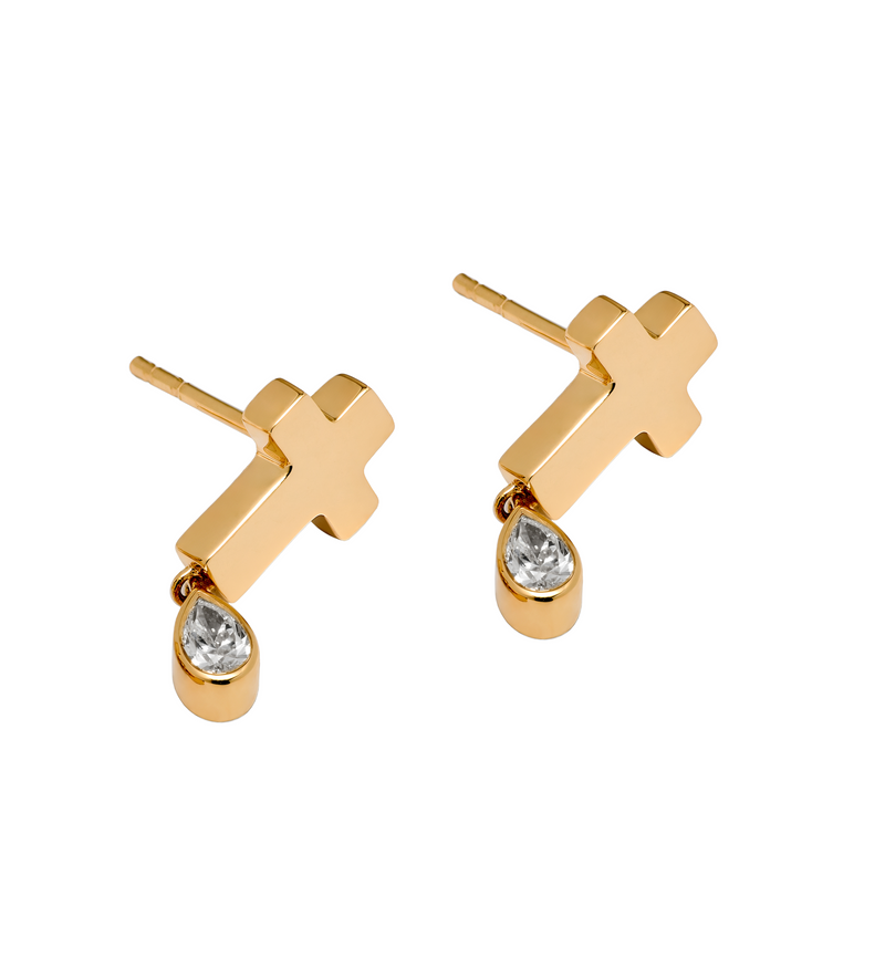 Stud Cross Earrings - Jesus Wept - Gold with Birthstone