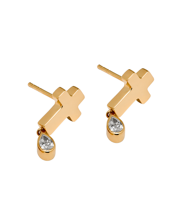 Stud Cross Earrings - Jesus Wept - Gold with Birthstone