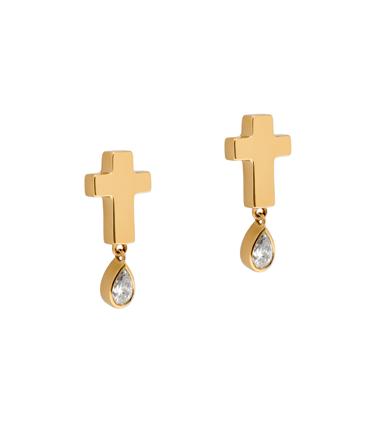 Stud Cross Earrings - Jesus Wept - Gold with Birthstone