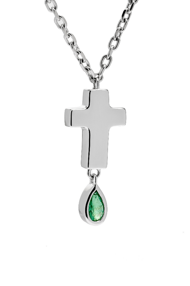 Double Layered Cross Necklace - Jesus Wept - Sterling Silver with Emeralds