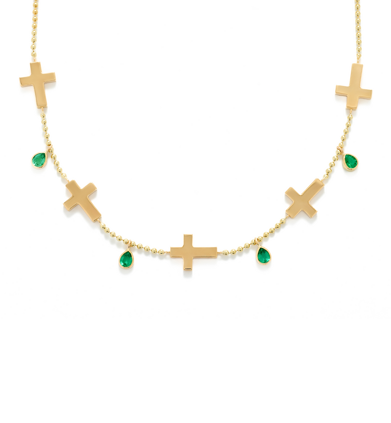 Ball Chain Cross Necklace - Jesus Wept - 18K Gold with Emeralds