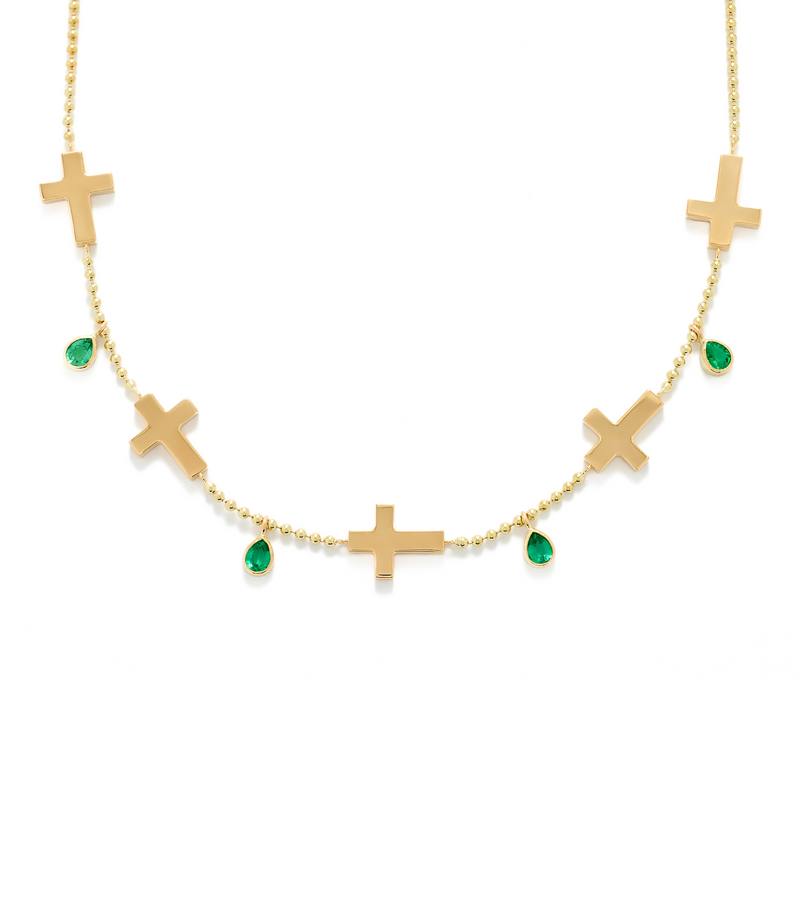 Ball Chain Cross Necklace - Jesus Wept - 18K Gold with Emeralds