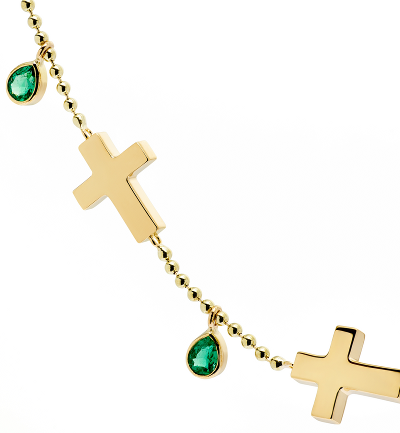 Ball Chain Cross Necklace - Jesus Wept - 18K Gold with Emeralds