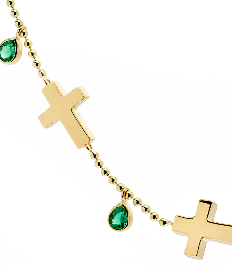 Ball Chain Cross Necklace - Jesus Wept - 18K Gold with Emeralds