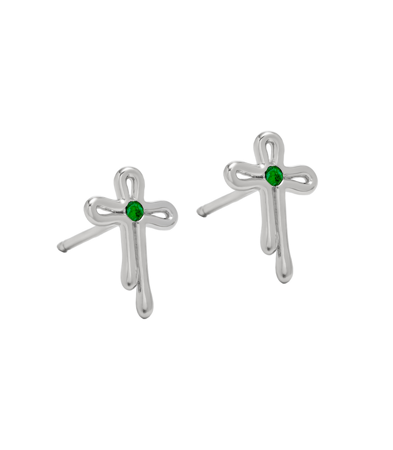 Stud Cross Earrings - Tear Drops- Sterling Silver with Emerald - Small