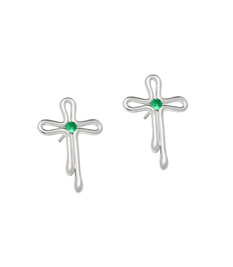 Stud Cross Earrings - Tear Drops- Sterling Silver with Emerald - Large