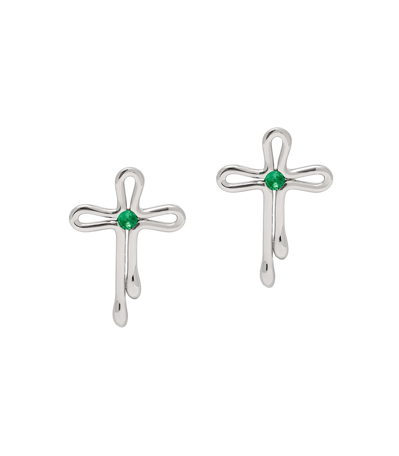 Stud Cross Earrings - Tear Drops- Sterling Silver with Emerald - Large