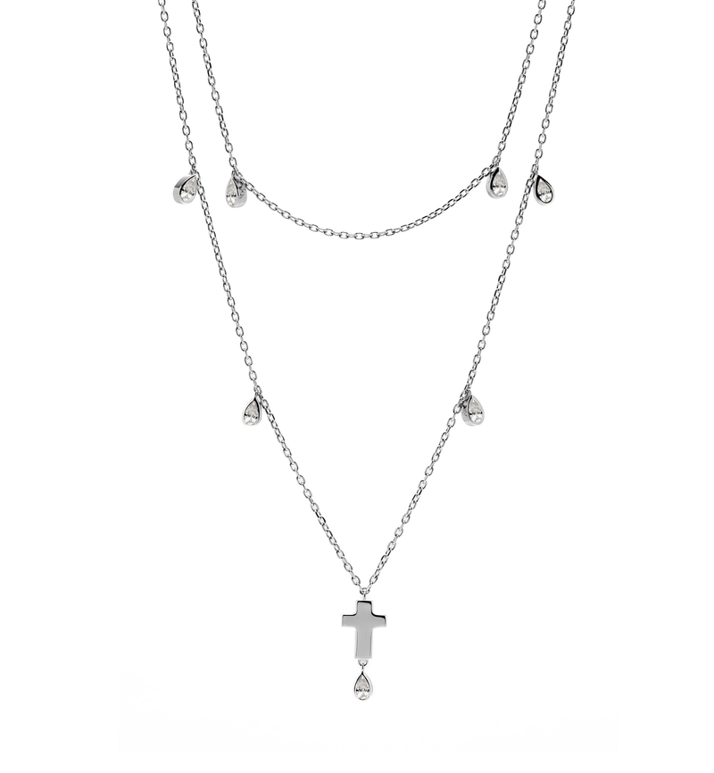 Double Layered Cross Necklace - Jesus Wept - Sterling Silver with Diamonds