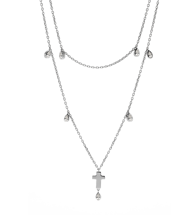 Double Layered Cross Necklace - Jesus Wept - Sterling Silver with Diamonds