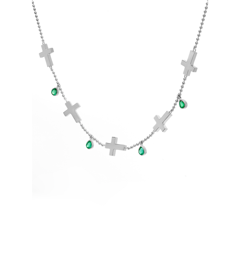 Ball Chain Cross Necklace - Jesus Wept - Sterling Silver with Emeralds
