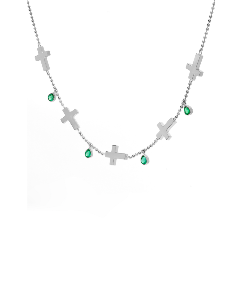Ball Chain Cross Necklace - Jesus Wept - Sterling Silver with Emeralds
