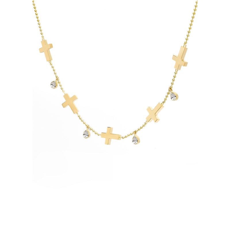 Ball Chain Cross Necklace - Jesus Wept - 18K Gold with Diamonds