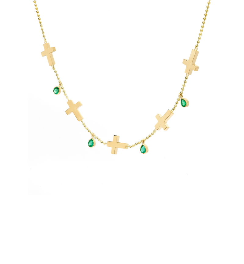 Ball Chain Cross Necklace - Jesus Wept - 18K Gold with Emeralds