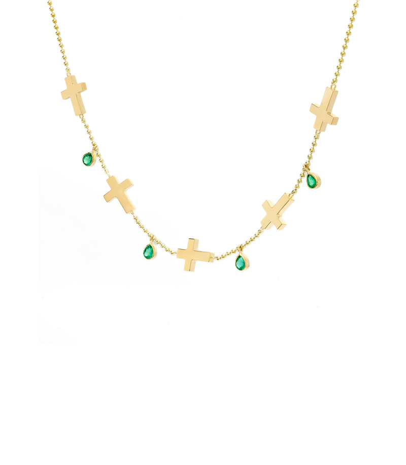 Ball Chain Cross Necklace - Jesus Wept - 18K Gold with Emeralds