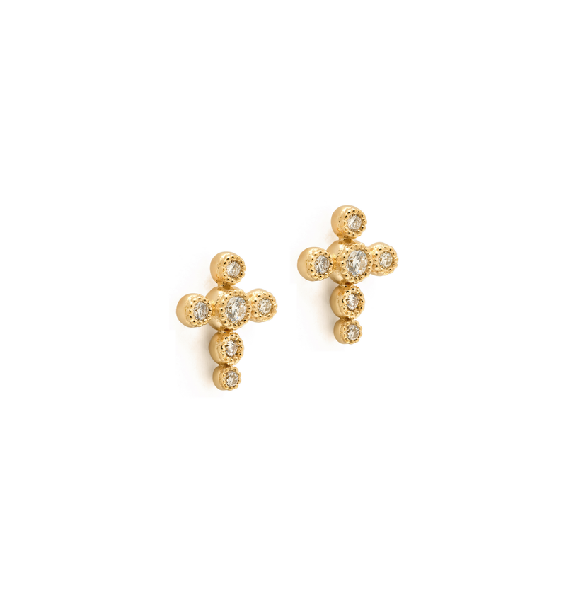 Stud Cross Earrings - Circle of Blessings - 18K Gold with Diamonds