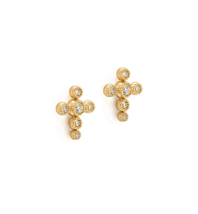 Stud Cross Earrings - Circle of Blessings - 18K Gold with Birthstone