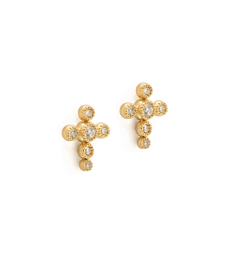Stud Cross Earrings - Circle of Blessings - 18K Gold with Birthstone