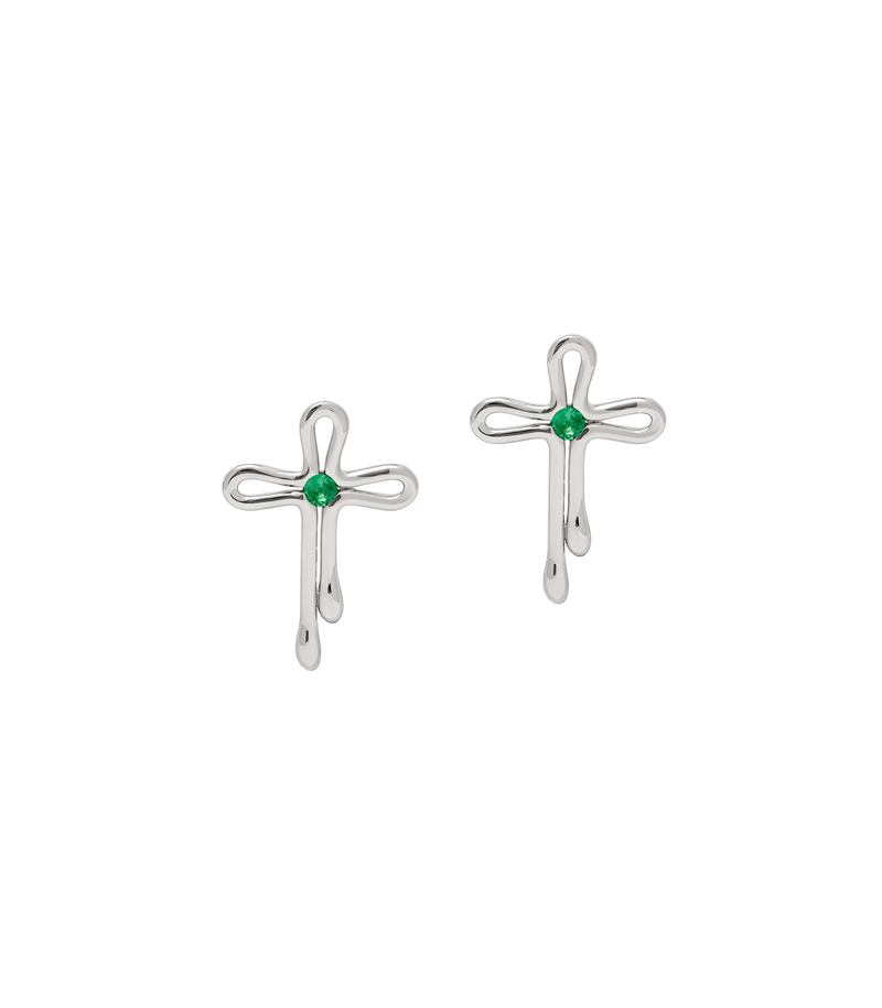 Stud Cross Earrings - Tear Drops- Sterling Silver with Emerald - Large