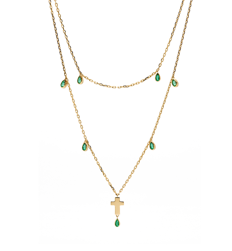 Double Layered Cross Necklace-Jesus Wept- 18K Gold with Emeralds