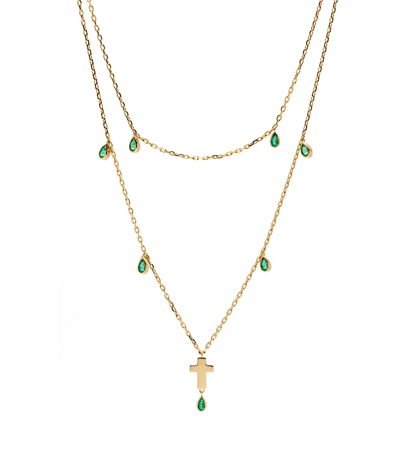Double Layered Cross Necklace-Jesus Wept- 18K Gold with Emeralds