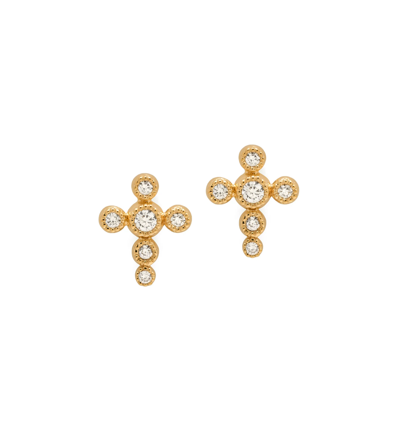 Stud Cross Earrings - Circle of Blessings - 18K Gold with Birthstone