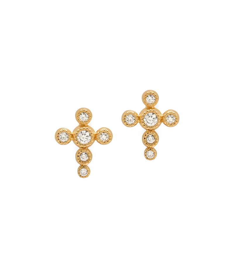 Stud Cross Earrings - Circle of Blessings - 18K Gold with Birthstone