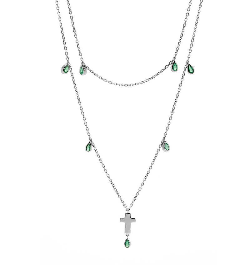 Double Layered Cross Necklace - Jesus Wept - Sterling Silver with Emeralds