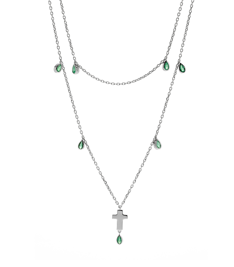 Double Layered Cross Necklace - Jesus Wept - Sterling Silver with Emeralds