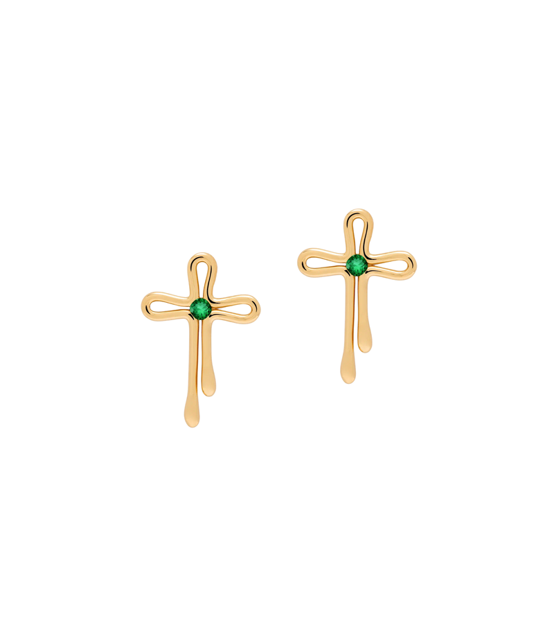Stud Cross Earrings in 18K Gold with Emeralds | Tear Drops - Large