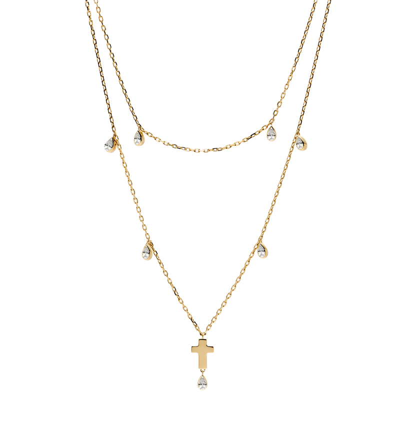 Double Layered Cross Necklace - Jesus Wept- 18K Gold with Diamonds