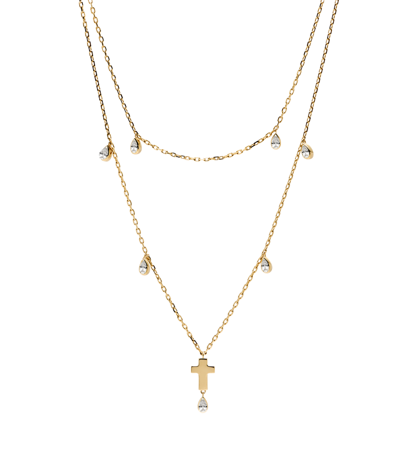 Double Layered Cross Necklace - Jesus Wept- 18K Gold with Diamonds
