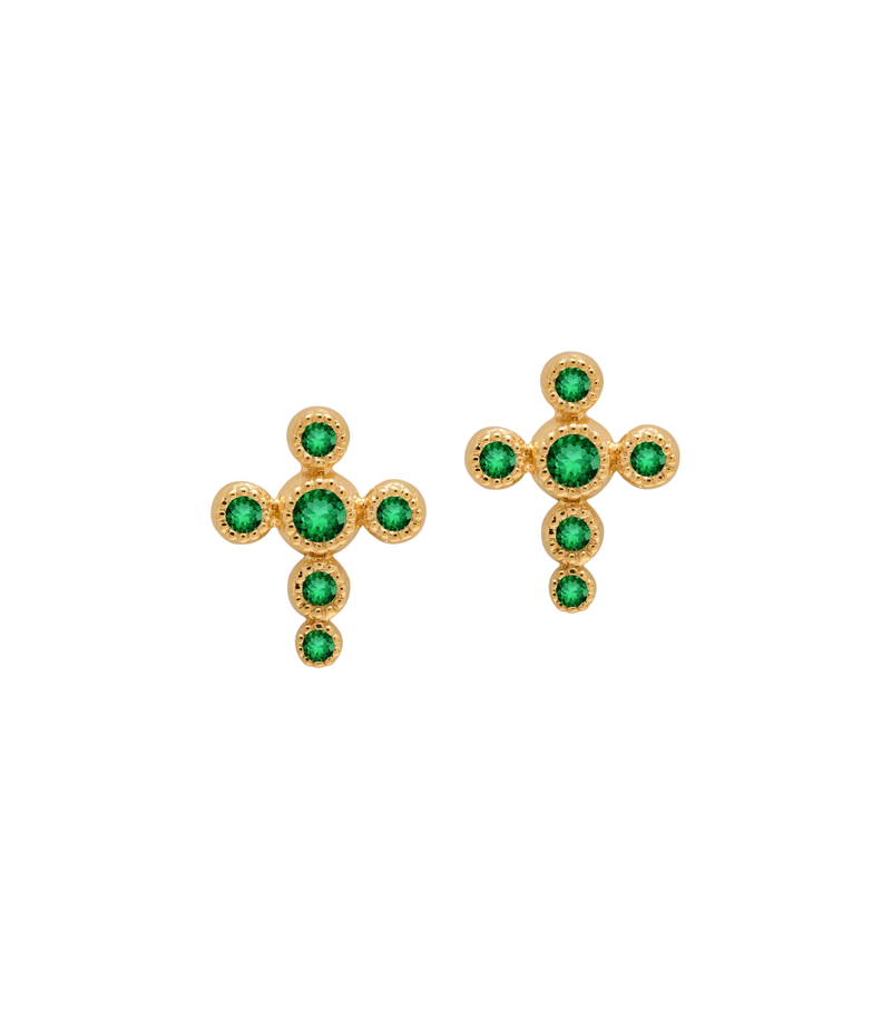 Stud Cross Earrings - Circle of Blessings - 18K Gold with Emeralds